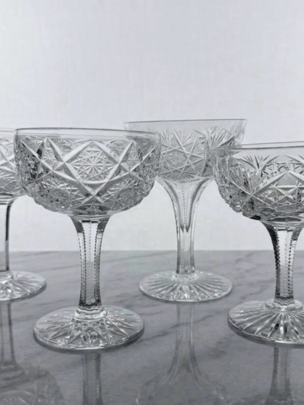 Set 4 Unique Brilliant Cut Crystal Champagne Coupes Mismatched Hobstar Starburst